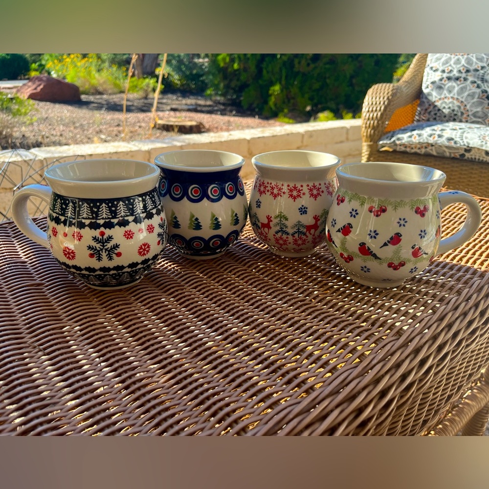Signed & handmade polish pottery mug set of 4 large 16oz